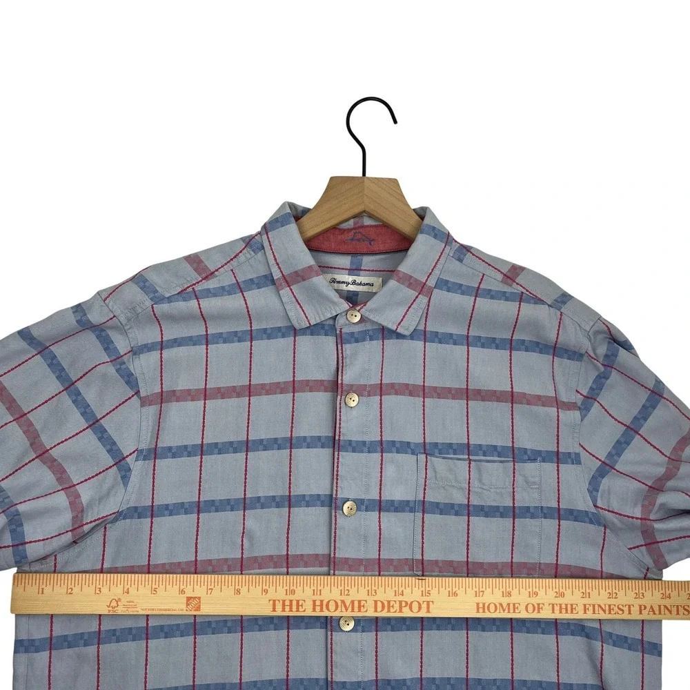 Tommy Bahama Mens Large 100% Silk Short Sleeve Button Down Plaid Shirt Blue Red